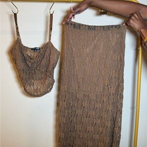 Elegant Brown Lace Skirt Set
